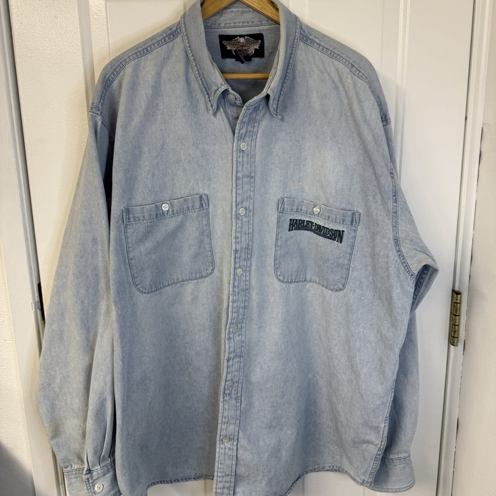 Vintage Harley Davidson Embroidered Logo Y2K Biker Denim Shirt Lt Wash Mens 3XL